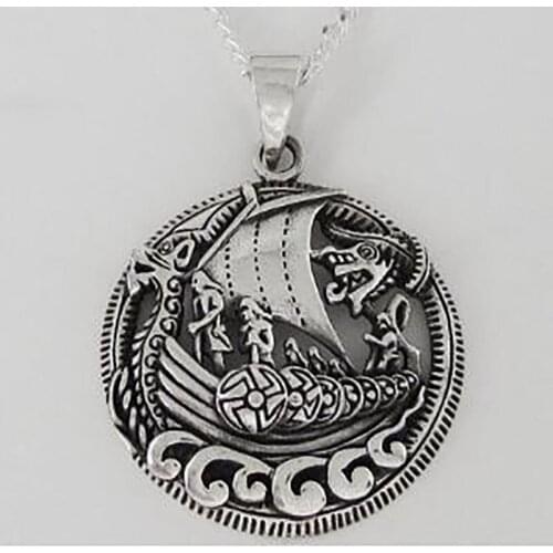 12pcs Viking Ship Necklace Unique Round Dragon Ship Pendant