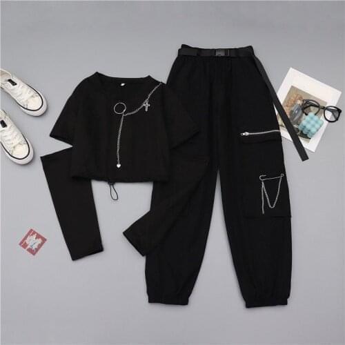 QWEEK Hippie Harajuku Cargo Pants Women Gothique Chain Plus Size Black Pants 2021 Spring Japanese Streetwear Oversized Trousers