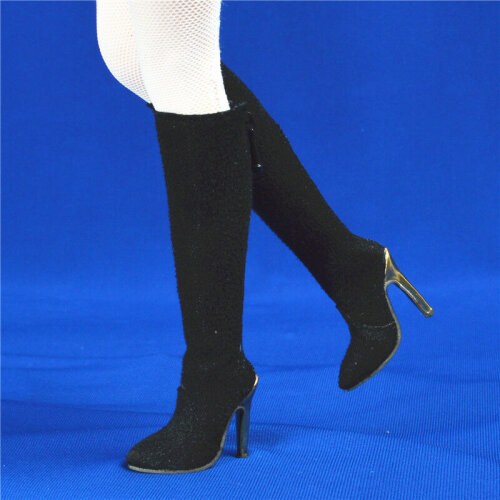 Custom 1/6 Black High-heeled Shoe Model Long Boots F 12" Body