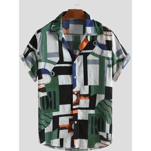 Men Shirt Funny Hit Color Printed 2021 Summer Vintage Turn Down Collar Holiday Short Sleeve Hawaiian Shirts