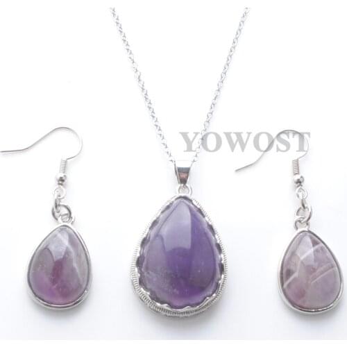 Fashion Natural Amethysts Golden Sand Teardrop Stone Beads Drop Pendant Necklace Earrings Women Jewelry Set Chain 45cm IQ3093
