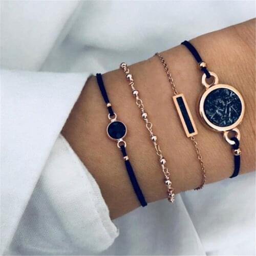 Fashion Black Square Round Stone Bracelet For Women Charm Rope Leather Gold Bracelets Set Jewelry