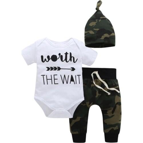 Newborn Infant Baby Boy Girl Clothing Sets 2019 Summer Cotton 3PCS Bodysuits+Pant+Hat Worth The Wait Letter Print Baby Outfits