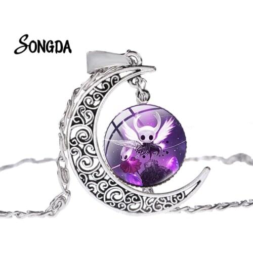 Hollow Knight Game Protagonist Necklace Cute Cartoon Figure Printed Charm Crescent Moon Pendant for Unisex Glass Jewelry