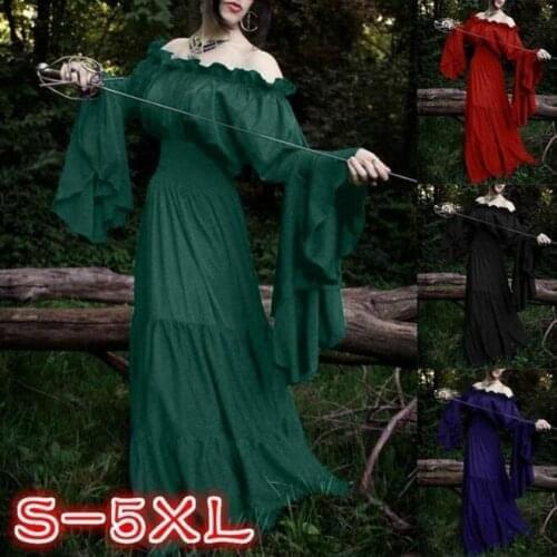 Middle ages vintage off shoulder big loose Ruffle Sleeves Maxi Dress Solid Beach Party Long Dress