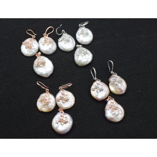 One pair white/pinkpurple freshwater pearl flat reborn keshi baroque 20-25mm earrings wholesale beads nature FPPJ