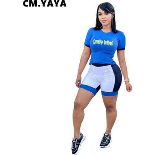 CM.YAYA Lucky Label Letter Womens Set Retro T-shirts Tops Patchwork Shorts Two 2 Piece Set Fashion Tracksuit Outfits Summer