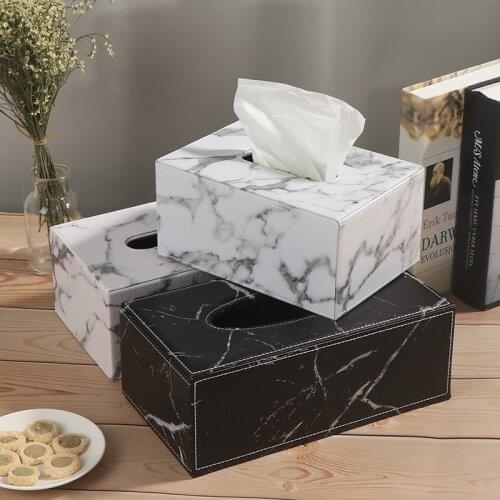 Modern Marble Rectangle Faux Leather Tissue Box Desktop Napkin Storage Container Kitchen Tissue Tray for Home Office