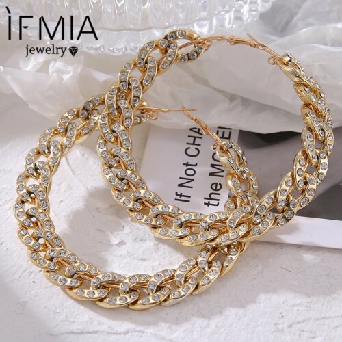 IFMIA Charm Crystal Oversize Big Chain Hoop Earrings For Women Exaggerated Geometric Circle Gold Silver Color Earring Jewelry