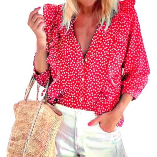 Summer T-Shirts Women Long Sleeve Fashion Printed T Shirt Summer ruffle design and polka dots printing women T shirt S M L XL