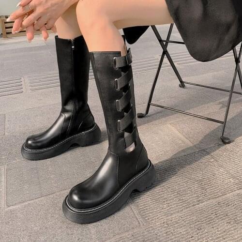 Cut-out Women Summer Knee High Boots Round Toe Chunky Heels Shoes Woman Autumn Genuine Leather Basic Party Women Pumps