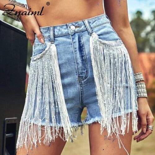 Znaiml Plus Size Light Blue Ripped Denim Shorts With Tassel Women Summer Streetwear High Waist Sexy Perform Jean Shorts Female