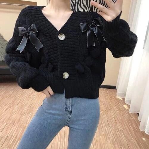 2021 High Quality Fashion Women V Neck Sweater Coat New Spring 3D Bowknot Knitted Thick Red Female Long Sleeve Loose Cardigan