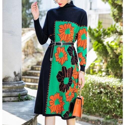 2020 Winter 3XL Plus Size Floral Knited Turtleneck Elegant Long Sweater Autumn Women Vintage Bodycon Casual Wool Sweater Dresses