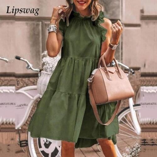 Women Casual A-Line Mini Dress Solid Summer Sleeveless Ruffle Neck Dress Lady Elegant Hollow Out Lace Loose Party Dress Vestido