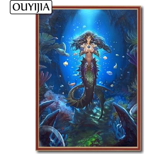 OUYIJIA Oil 5D DIY Mermaid Fish Beauty Diamond Painting Embroidery Diamond Cross Stitch Rhinestone Mosaic Siren Home Decoration