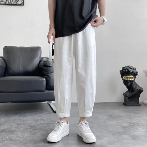 Summer Casual Pants Mens Fashion Black White Straight Leg Pants Men Streetwear Korean Loose Elastic Waist Harem Pants Mens