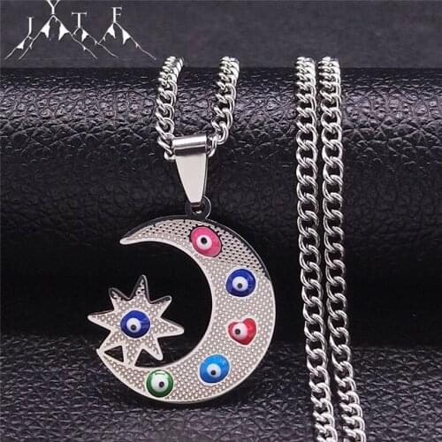 Moon Star Stainless Steel Turkey Eye Chain Necklaces Women/Men Silver Color Judaism Necklace Jewelry bijoux acier N5216S05