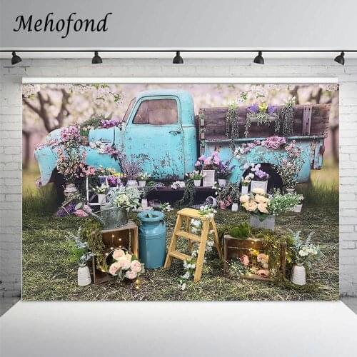 Mehofond Blue Flower Truck Photography Backdrop Outdoor Grassland Baby Girls Portrait Background Photo Shoot Studio Photophone