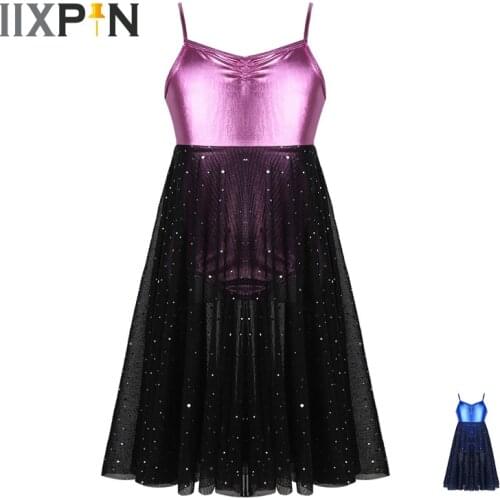 IIXPIN Kids Girls Ballet Dress Shiny Sequins Mesh Ballet Dance Gymnastics Leotard For Girl Glossy Spaghetti Shoulder Strap Dress