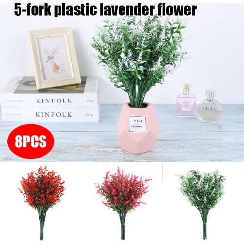 8Pcs/bunch Artificial Flowers Fake Lavender Flowers UV Resistant Shrubs Plants No Fade Faux Plastic Greenery for Home Decoration