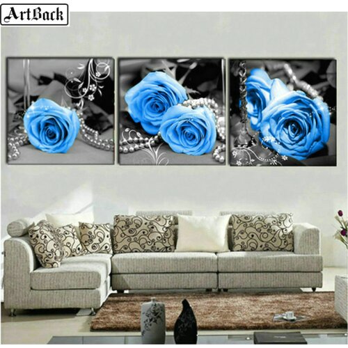 ArtBack three fight 5d diamond painting blue rose full square sticker diy diamond mosaic flower wall decoration