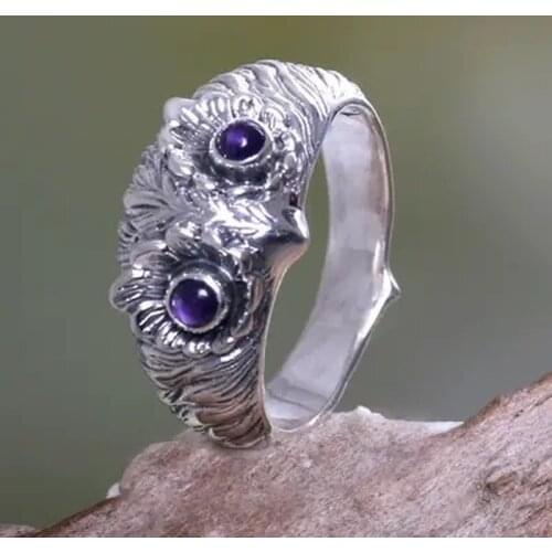 Unisex Classic Thai Silver Color Cute Owl Inlaid Purple Grape Eyes Zircon Animal Ring Men and Women Party Jewelry Gift