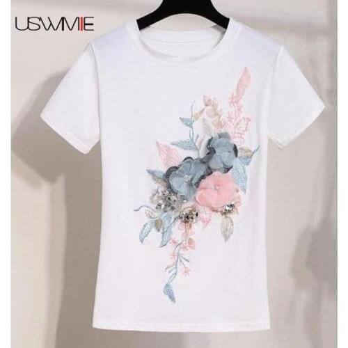2020 T-shirt Jeans Set Casual Round Collar Short Sleeve Embroidered Flower Sequin Plus Size Personalized Comfort Two-piece Set