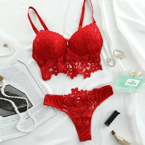 Women European Clothing Female Hot Sexy Crochet Lace Strape Bra Erotic Panties Lingerie Two Pieces Set Summer Underwear Homewear