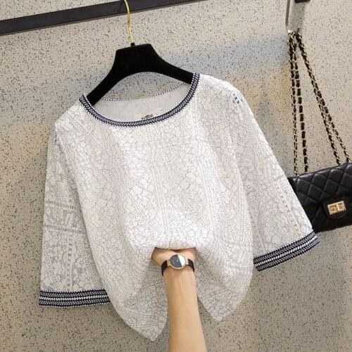 Lace White Women T-Shirts Summer New Design 2021 O-Neck Half Sleeved Straight Elegant Office Lady Pulls Tops Tees