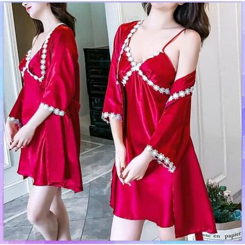 Summer Robes Womens pajamas sets with chest pad sexy ice silk nightdress lace Sleepwear spring and autumn two-piece robe suit