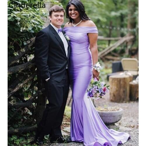 Cinderella Lovely Lavender Off The Shoulder Floor Length Silk Satin Mermaid Bridesmaid Dresses Wedding Party Bridesmaid Gowns