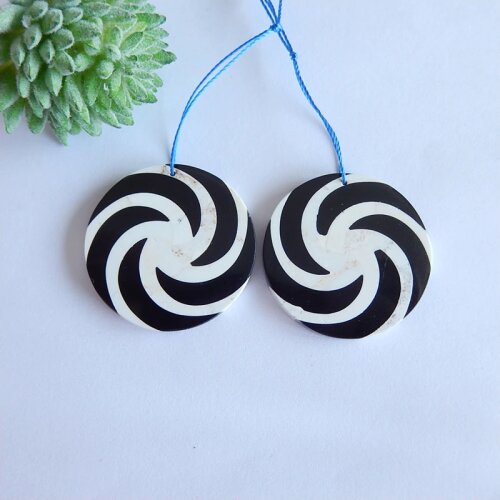 Semiprecious stone jewelry.Design,Obsidian with White jade Intarsia Gemstone women earring set,33x33x3mm,15.1g