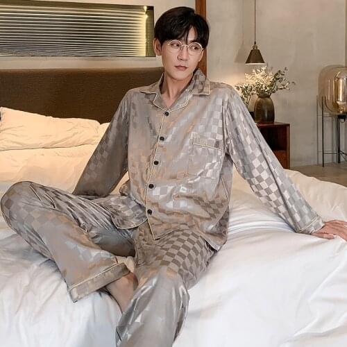 Autumn Mens Trousers Pajamas Suit Plaid High Quality Silk Home Clothes Two-piece Suit for Men Luxury Pajamas for Sleep 2021 New