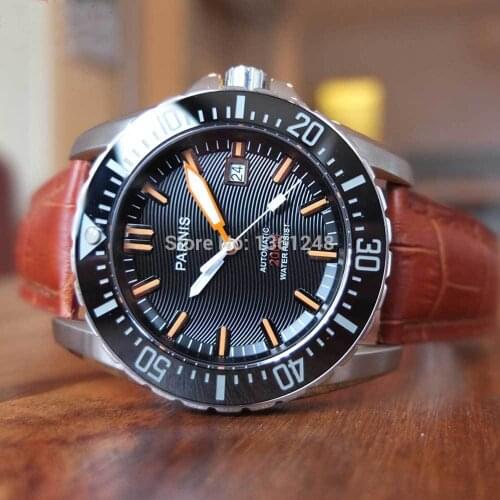 Parnis black dial Sapphire glass Ceramic Bezel WATER RESISTANT 200m automatic diver mens watch Relogio Masculino