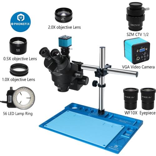 3.5X-90X Simul-Focal Trinocular Microscope Double-rod Stand Holder 0.5X 2.0X Objective Lens Aluminum Alloy Pad 56 LED Ring Light