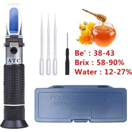 Honey Refractometer 3 in 1 Sugar Baume Water 58-90% Brix 12-27% Water 38-43 Be' Content Tester Meter