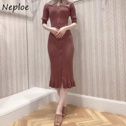 Neploe Chic Button Slim Waist Knitted Dress Sexy V-neck Elegant Femme Vestidos Solid Color 2021 Fashion Bodycon Dresses Women