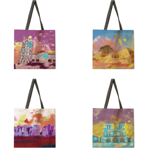 Geographical Indication Printed Tote Bag Linen Fabric Bag Casual Folding Shopping Bag Outdoor Beach Bag Daily Handbag