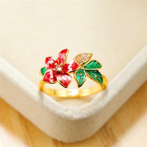 Vintage Yellow Gold Color Wedding Ring Dainty Crystal Flower Leaf Engagement Ring Cute Female Red Green Enamel Rings For Women