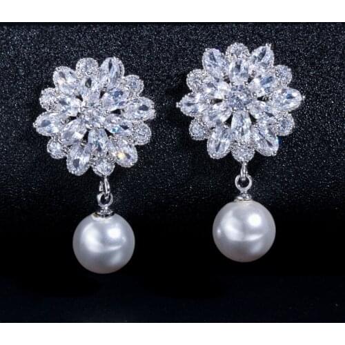 QTT Vintage Hanging Earrings for Women Hollow Snow Flower Pearl Dangler Earring Ladies 925 Silver Zircon Earring Wedding Jewelry
