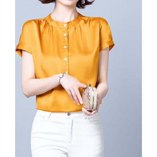QOERLIN M-3XL Silk Champagne Shirt Women Tops Blouse Large Size Short Sleeve Button Down Shirts Solid Elegant Workwear Blusas