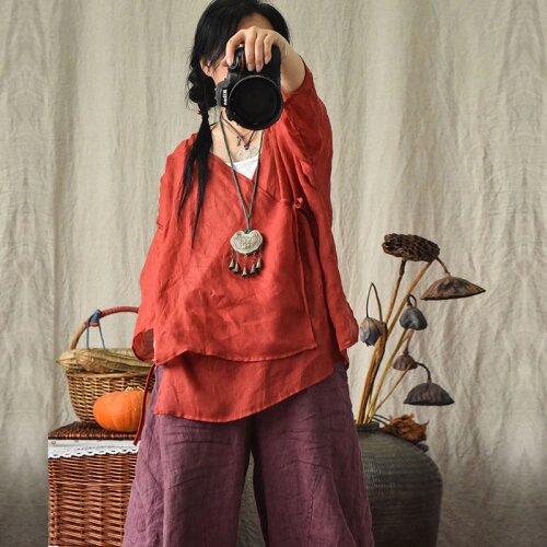 2021 Summer Solid Green Top New Arts Style Women Long Sleeve Loose Casual Shirts V Neck Collar Cardigans Femme Blouse Plus Size