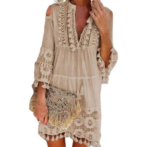 Plus Size Women Dress Elegant Solid Color Sexy Deep V Neck Tassel 3/4 Sleeve Hollow Out Loose Mini Dresses Beach Party