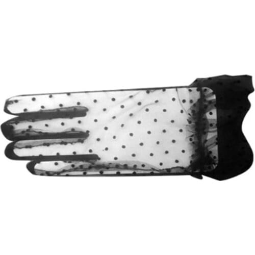 Y166 Women Sheer Lace Short Tulle Full Finger Gloves Vintage Polka Dot Ruffled Trim Mesh Wedding Prom Evening Party Mittens