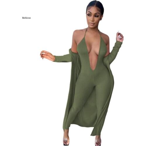 Women 2 Pcs Set Fashion Design Solid Color X-Long Outwear and Halter Jumpsuits Sexy Women Outfits Spring Autumn New