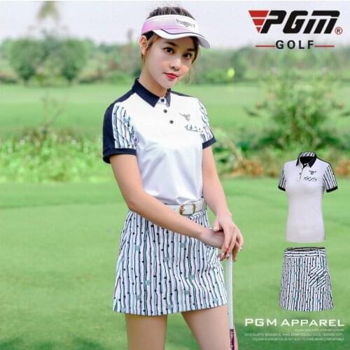Pgm Women Golf Clothing Set Striped Slimming Golf Skirt Short-Sleeved T-Shirt Ladies Summer Skirt Suit Sportswear