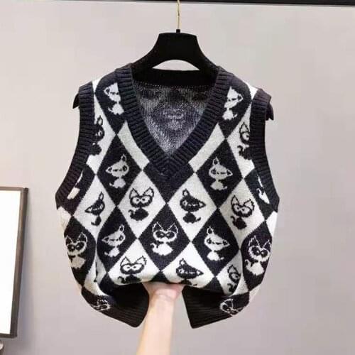 2021 Autumn New Knitted Sweater Women Vest Loose Outwear Sleeveless V Neck Korean Fashion Animal Print Pullove Woman Sweaters