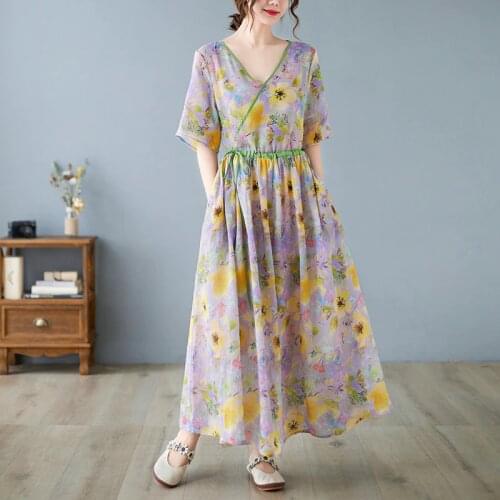 2021 New Soft Ramie Print Floral Loose Summer Dress Draw String Vintage Office Lady Work Dress Women Travel Casual Beach Dress