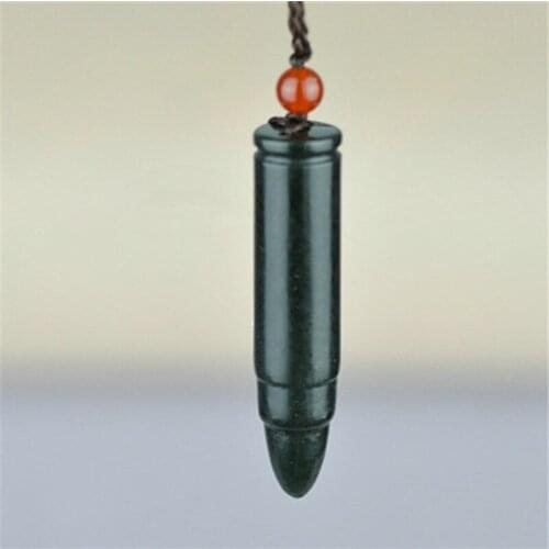 100% Natural Dark Green Stone Carved Bullet Pendant Bullet Head Necklace Lucky Amulet Mens Stone Jewelry